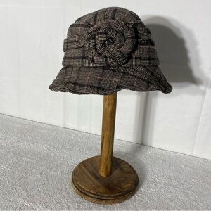 Retro Brown Pink Plaid Bucket Hat with Flower Accent & Brim Wire
